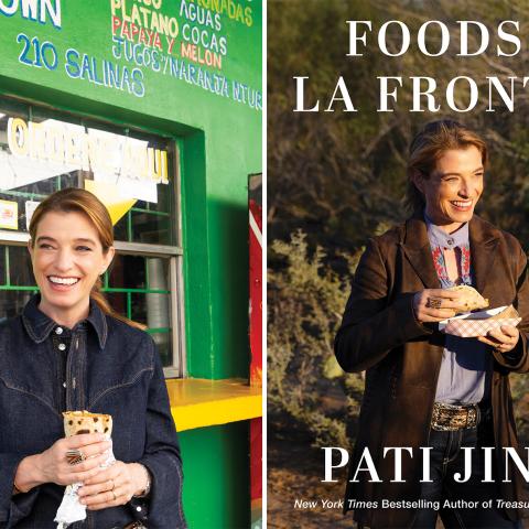 Cookbook cover and woman holding a burrito.