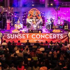 Photo looking down on a crowd gathered to watch a performance of Sunset Concerts at the Skirball