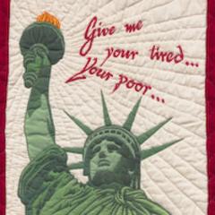 close-up of quilt with image of Statue of Liberty on it