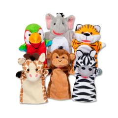 Kids figure puppets, a set of 6, a parrot, elephant, tiger, giraffe, monkey, and zebra