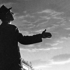 Silhouette of James Stewart against backlit sky from the move