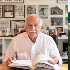 Moshe Safdie sitting in an office with an open book in front of him, next to an aerial shot of the Skirball's campus
