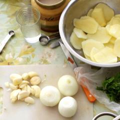 cooking ingredients and measuring utensils laid out on a table