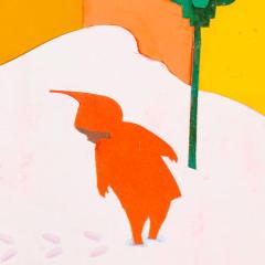 Collage illustration by Ezra Jack Keats showing a boy in red coat with hood looking at his footprints in the snow