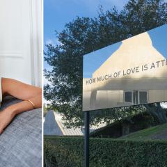 Photo of the artist Chloe Bass looking directly at the camera. Next to her is a photo of one of her pieces on display. The piece is a large, reflective, outdoor sign with the words, "How much of love is attention?"