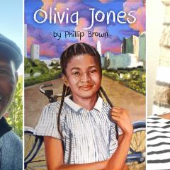 From left to right, author photo of Phillip Brown, cover art for the story, and photo of Rain Wilson