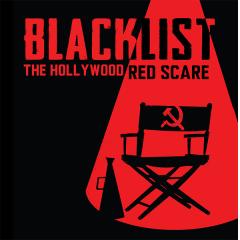 Key art for Blacklist: The Hollywood Red Scare showing a black director's chair under a red light next to a colorful painting with yellow, green, pink, and blue shapes creating two hands joining