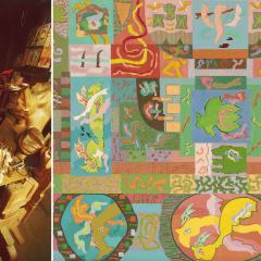 Photograph of the artist Peter Krasnow in his studio. He is standing with his arms crossed looking directly at the camera and surrounded by art supplies, canvas, easels, and a cat sleeping in a cardboard box. To the left of an image of Kransow's painting featuring colorful shapes arranged in a symmetrical pattern.