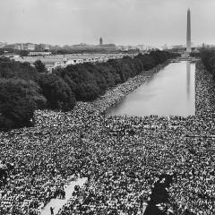 A wide-angle view of marchers along the Mall, showing the Reflecting Pool and the Washington Monument