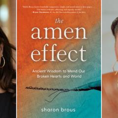 Headshots of Rabbi Sharon Brous and Patrisse Cullors on either side of the book, The Amen Effect, cover.