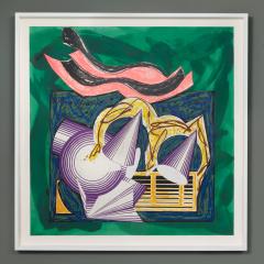 Colorful abstract painting against in a green background, framed in white