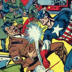 A coming book cover with super hero Captain America punching Hitler in the face.