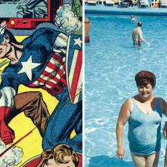 On the left, an Illustrated comic book cover depicting Captain America punching Hitler in the face. On the right, two women wearing bathing suits stand in the shallow end of a pool smiling at the camera.