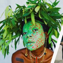 A portrait of a musical artist with a green mask on and leaves in hair next to another band of three women in leather jackets.