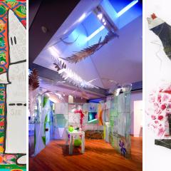 Details of artwork from the three exhibitions featured: a colorful painting, a glass sculpture, and a collage of torn red, black, and white paper.