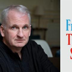 Headshot of Timothy Snyder looking at the camera in a black shirt. To the left is the cover of the book, On Freedom.