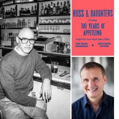 Headshot of the two authors and speaker Phil Rosenthal next to the cover of the Russ & Daughters cookbook.