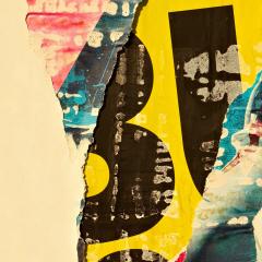 Detail of different colored paper cut and pasted together in a collage.