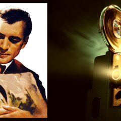 Illustration of a couple styled like an old movie poster sits next to a film projector.