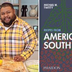 Michael W. Twitty in a kitchen, chopping vegetables, and smiling at the camera. Next to him is a graphic of the book cover, Recipes from The American South.