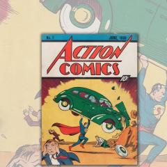 A1938 comic book cover of superman lifting a VW bug in the air.