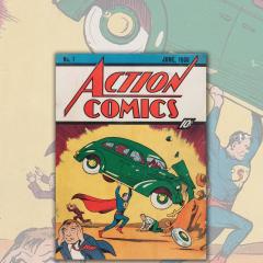 A1938 comic book cover of superman lifting a VW bug in the air.