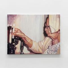 Three paintings on a gallery wall depicting candles with the one in the middle a person lighting one.
