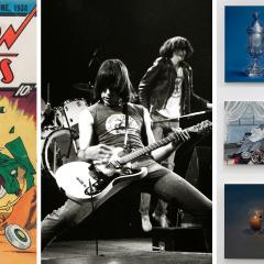 Three images in three boxes; Action Comics cover, A man playing guitar on stage, and paintings arranged on a gallery wall of objects like candles, and place settings.