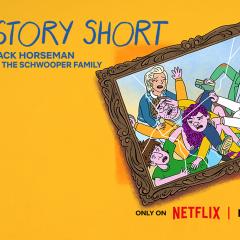 A poster with an illustrated family portrait with cracked glass and reads Long Story Short.