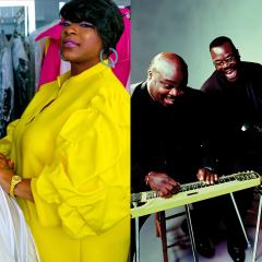Three women post on front of a clothing rack. Three men play musical instruments including pianos and a guitar.