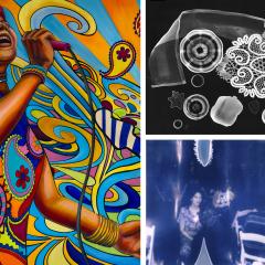 Three image collage; a 60s style mural of a woman singing, an X-ray of items in bag, and two photo of people at a dinner party.