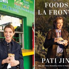 Cookbook cover and woman holding a burrito.