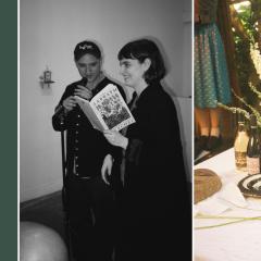 Woman and man hold a Sabbath book and a table setting is shown.