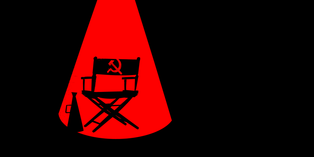 An illustration of a  black background with a red spotlight. In the red spotlight is a director's chair with a hammer and sickle symbol on the chair back. A megaphone sits next to the chair.