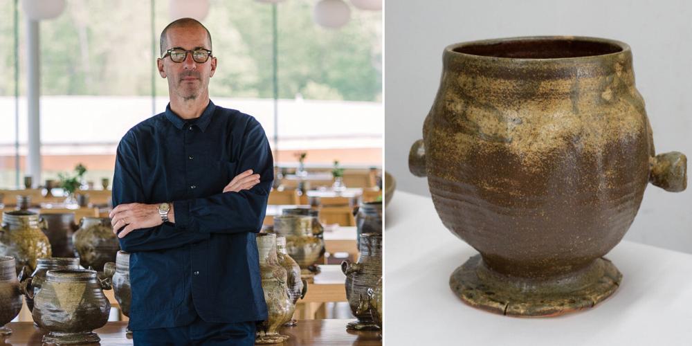The artist Adam Silverman stands before his artwork Common Ground, a series of large ceramic vessels on tables. Beside his image is a close-up photograph of one of the vessels.