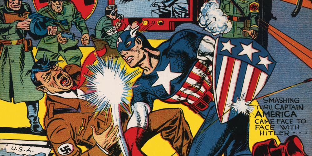 A comic book cover with super hero Captain America punching Hitler in the face.
