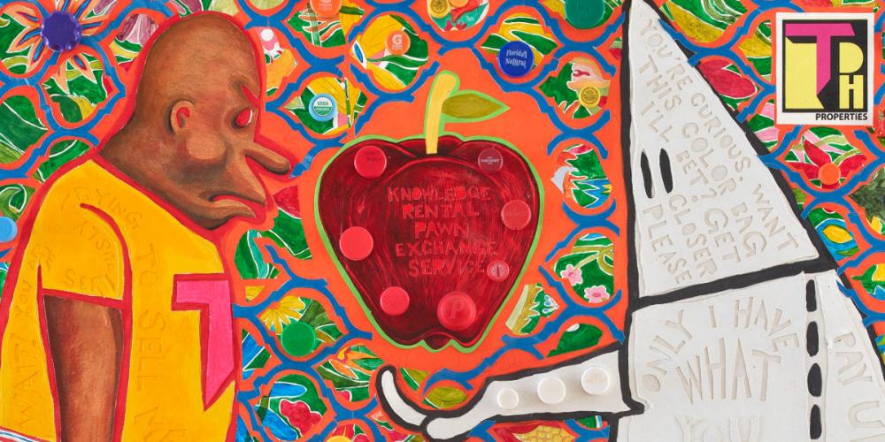 Colorful painting depicting Hancock’s character Torpedo Boy looking at a large red apple being offered to him by a hooded, white figure.