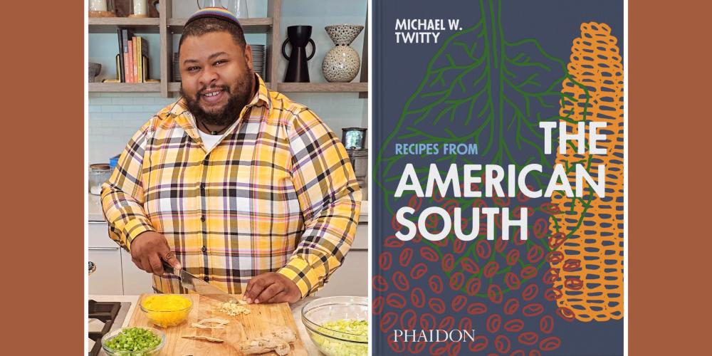 Michael W. Twitty in a kitchen, chopping vegetables, and smiling at the camera. Next to him is a graphic of the book cover, Recipes from The American South.