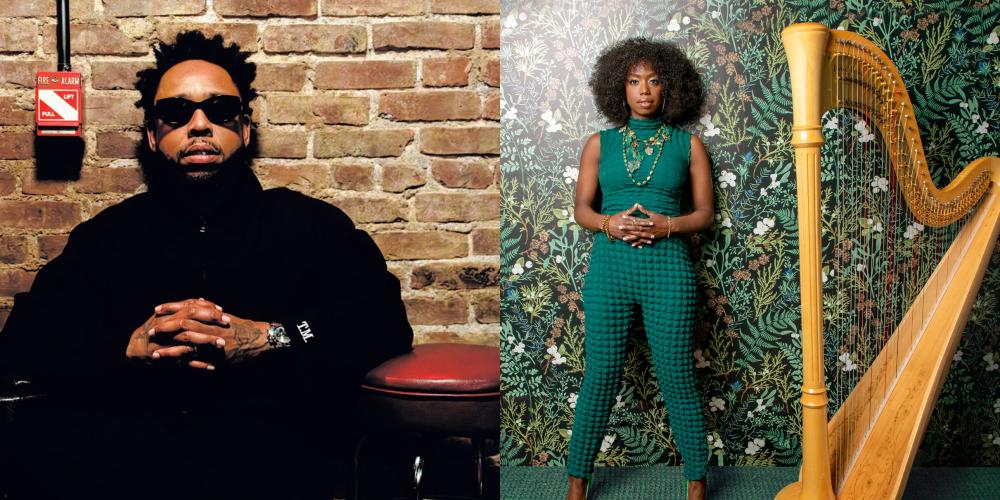 A man with sunglasses sits in front of a brick wall, and a woman stands in front of a harm.