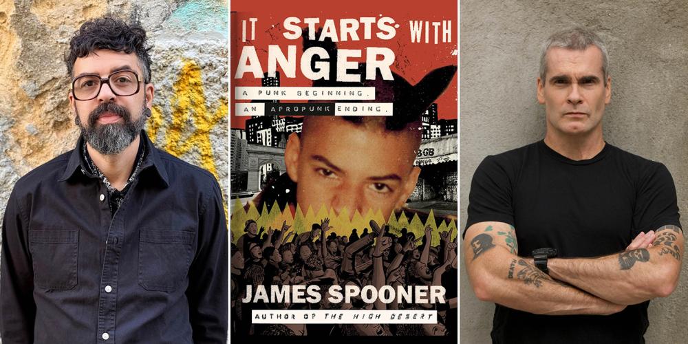 Two headshots of men and a book cover by James Spooner.