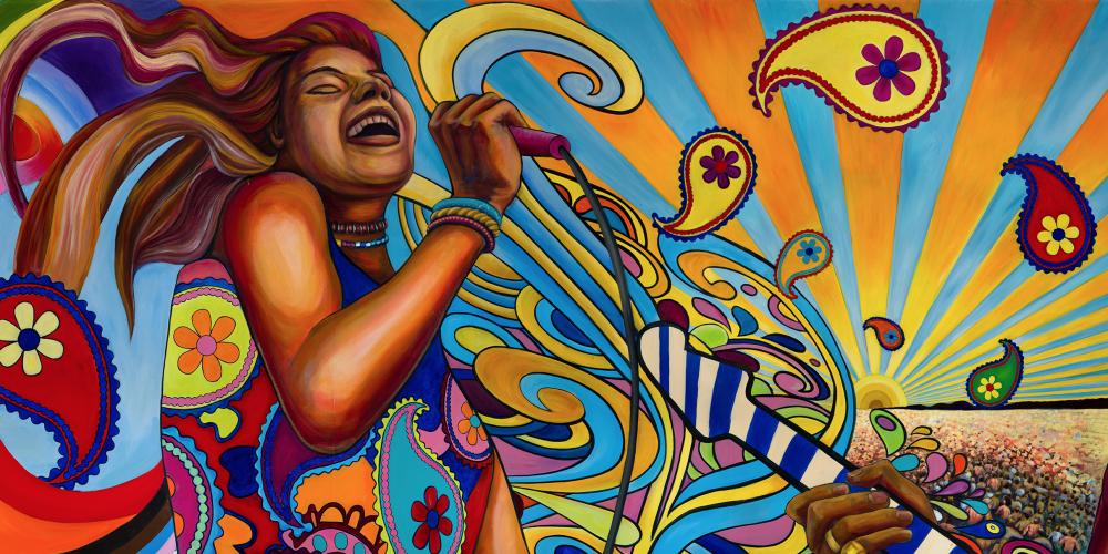 A colorful mural painting with a woman singing and swirling colors.